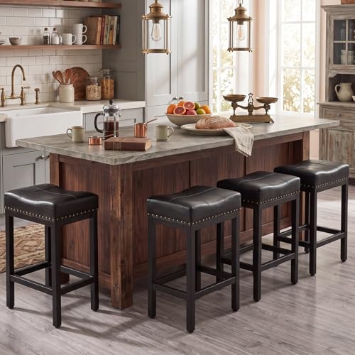 DUMOS 24 Inch Counter Height Bar Stools Set of 4 Backless Saddle Bar Stools with PU Leather Seat Metal Base & Footrest for Kitchen Island Dining Room Black