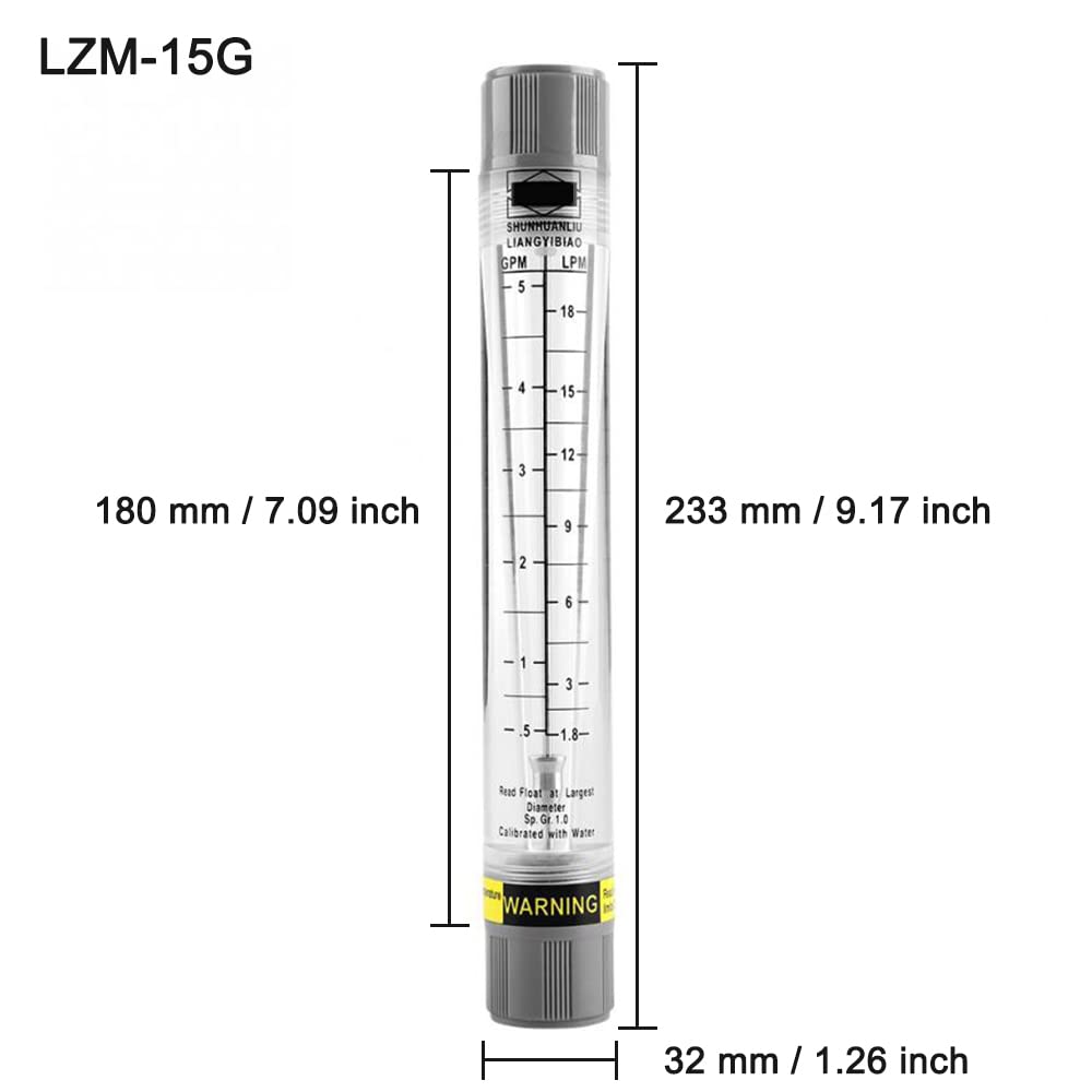 Caudalímetro líquido, LZM-15G Rotámetro tipo tubo acrílico para medir el caudal de agua, 0.5-5 GPM y 1.8-18 LPM (rosca interna de 1/2 pulgada)