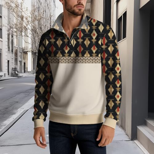 Mens Cotton Blend Casual Half Zip Long Sleeve Hoodie Casual Ethnic Geometric Fashion Multi-Color Autumn Sweatshirt2