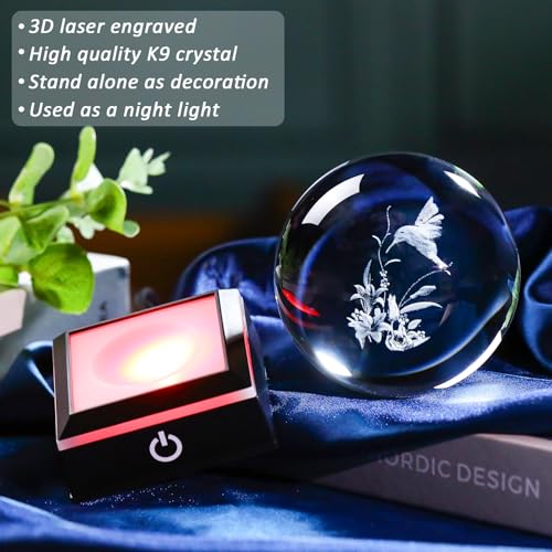 Image of 3D Crystal Ball Hummingbird with Lily Flowers Gifts for Women Unique Snow Globe Decor for Adults Glass Humming Birds Figurines Xmas Ornament with LED Base Lamp Collectibles Sculpture