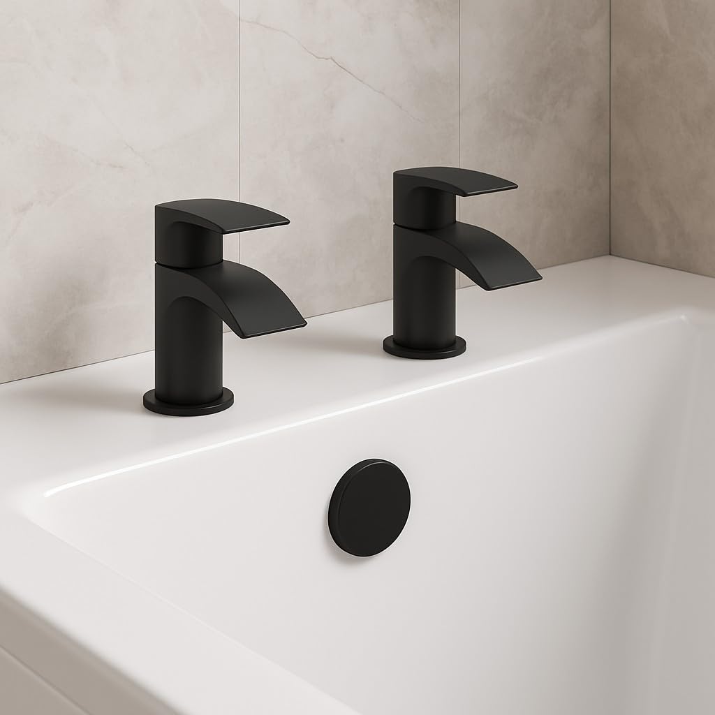 Belantia Matt Black Bath Taps | Pair of Taps | Matt Black Finish | Hot and Cold | Suitable for Bath | Lever Handle Design | Deck Mounted |
