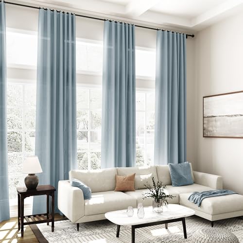 Image of Nanspring Light Blue Linen Curtains 84 Inch Length 2 Panels Set for Living Room Rod Pocket Back Tab Light Filtering Window Drapes for Bedroom Dining Room Protect Privacy Modern Farmhouse Decor 52x84