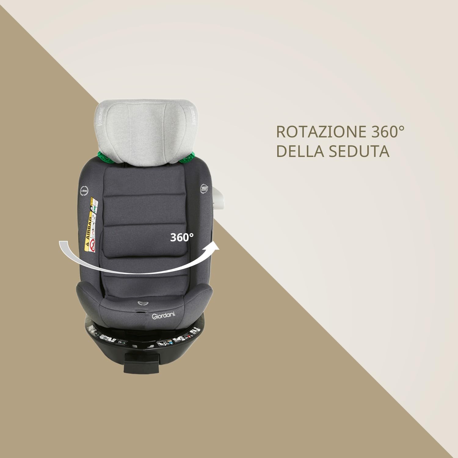 Giordani Crono Seggiolino Auto 40-150 cm i-Size, Base Girevole 360°, Connettori Isofix e Gamba di Supporto, 5 Posizioni dello schienale, Protezioni Laterali e Riduttore Neonato, Evolutivo 0-12 Anni