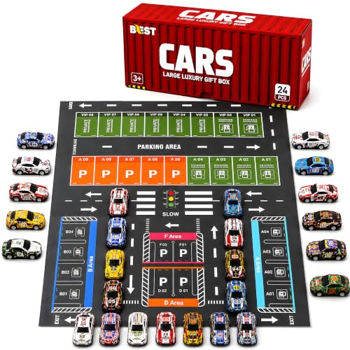 Image of Cable World 24 Pcs Die-Cast Metal Toy Cars for Kids with Car Storage Container & Thick Paper Parking Play Board, Pull Back Racing Cars, Large Luxury Gift Box, Toy Car Set for Kids
