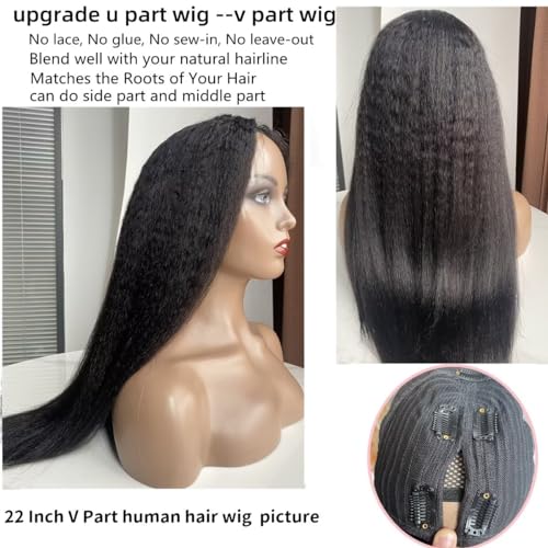 Image of V Part Wig Human Hair Kinky Straight 180% Density Upgrade U Part Human Hair Wig For Women No Leave Out No Glue Beginner Friendly Full Head Clip In Half Wigs Yaki V Shape Wigs 20 Inch Natural Color