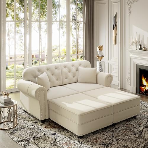 Image of KEIKI 63 inch Velvet Chesterfield Sofa with Rolled Arms & Nailhead Trim & 2 Ottoman, Modern 2-Seater Button Tufted Couch with High Resilience Cushion & 2 Pillow, Easy Assembly, for Living Room, White