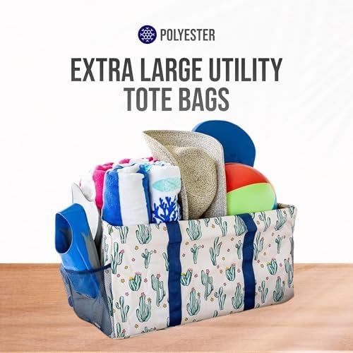 Lucazzi Extra Large Utility Tote Bag, Oversized Collapsible Reusable Wire Frame Rectangular Canvas Basket With Two Exterior Pockets For Beach, Pool, Laundry, Car Trunk, Storage - Cactus White — view 6