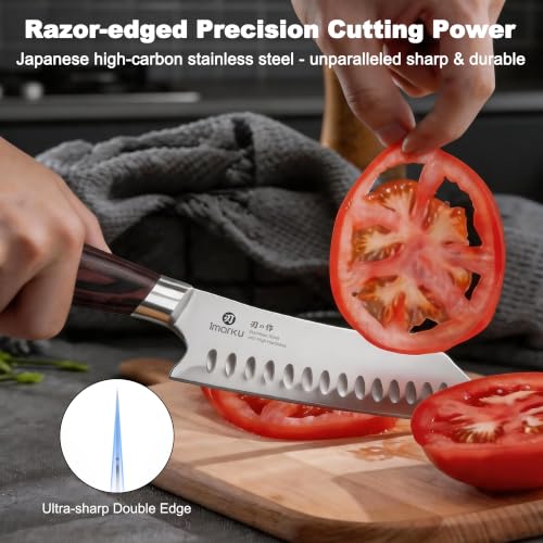 Image of imarku Santoku Chef Knife 7 Inch, Ultra Sharp High Carbon Stainless Steel Japanese Kitchen Knife with Hollow Edge | Ergonomic Pakkawood Handle, Gift Box for Meat /Vegetables /Tomatoes & Daily Cooking