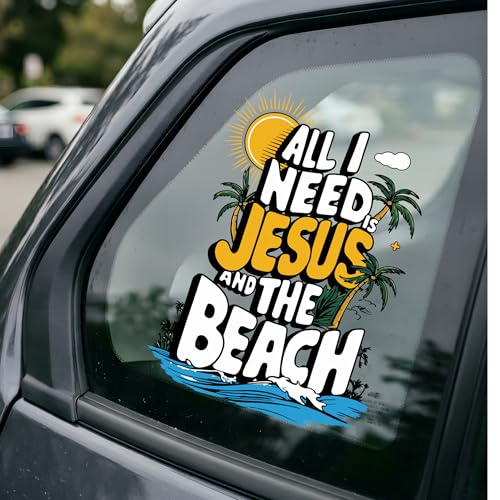 Image of Christian Car Decal All I Need is Jesus and the Beach Sticker - Funny Summer Bible Verse Vinyl Decal, Tropical Palm Tree Bumper Sticker, Faith Gift for Christian Beach Lovers Women