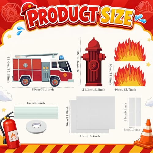 Image of 3 Pcs Firetruck Birthday Party Decorations Set, Fire Truck Fire Hydrant 3D Flame Cardboard Cutouts with Sturdy Bases for Firefighter Rescue Themed Party Baby Shower Backdrop