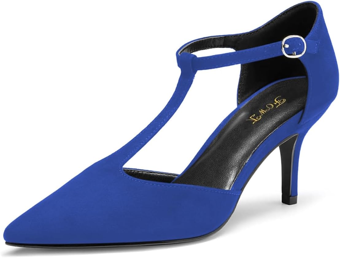 FOWT Women Pointed Toe Ankle T-Strap Pumps Kitten Mid Heel D'Orsays Sexy Summer Wedding Office Cocktail Parties Shoes Size 4-16 US