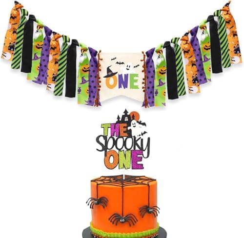 Halloween Themed 1st Birthday Highchair Banner - Orange, Purple, Green Decorations with Bat, Spider Web, Spooky One Birthday Cake Topper & Photo Props Set