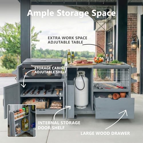 Image of Merax 80.5 inch Outdoor Kitchen Island for Big Green Egg& Blackstone Griddle, Solid Wood Grill Cart Table with Stainless Steel Top, Drawer for Large Big Green Egg and 21 inch /28 inch Blackstone Griddle, Grey Blue