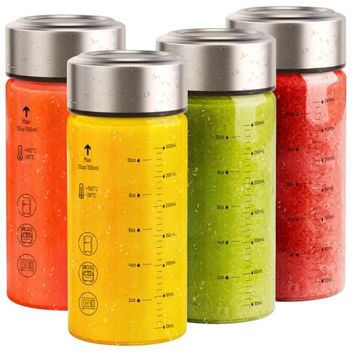 Sursip 12 oz Glass Juice Bottles – 4 Pack Wide Mouth Bottles with Stainless Steel Lids – Leakproof, BPA Free, Heat-Resistant Borosilicate Glass for Juicing, Smoothies, Milk, Protein, Beverage Storage