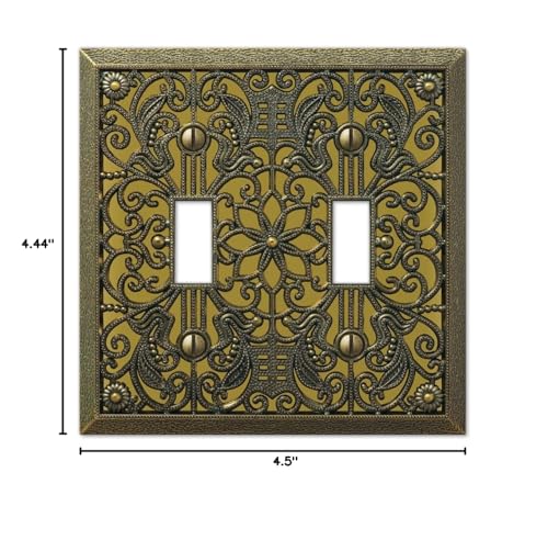 Image of Amerelle 65TTAB Filigree Wallplate, 2 Toggle, Antique Brass