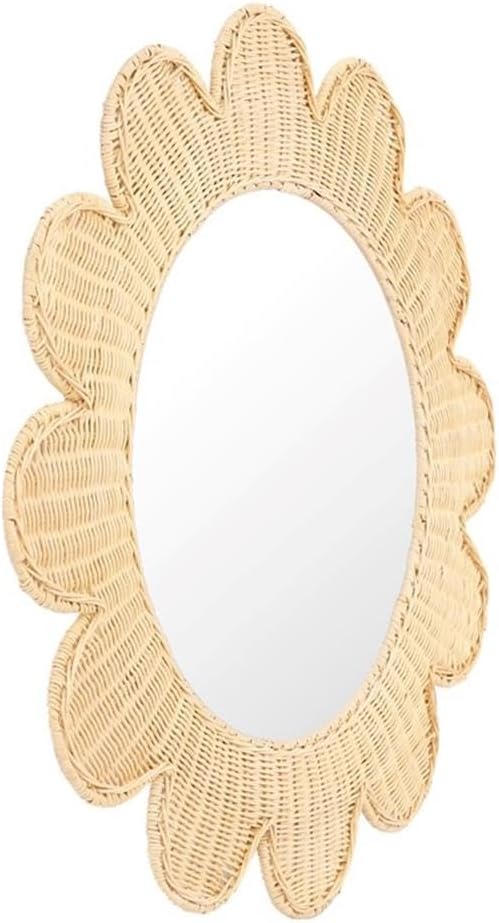 Pemberly Row Contemporary Round Mirror, 33.4 in Natural Rattan Frame, Handmade Floral Design, Ready to Hang, Decorative Wall Accent for Entryways, Bedrooms, or Living Room