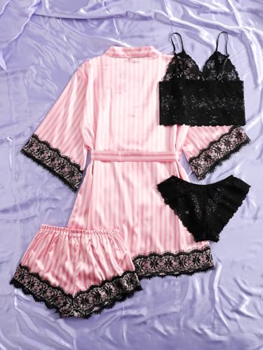Image of SOLY HUX Women's Satin Pajama Set with Lace Trim - 4-Piece Sleepwear & Robe