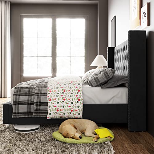 Jocisland Bed Frame Queen Size Velvet Tufted Upholstered Platform Bed Raised Wingback Headboard/Wood Slats Support/No Box Spring Needed/Easy Assembly/Dark Gray #TOP2