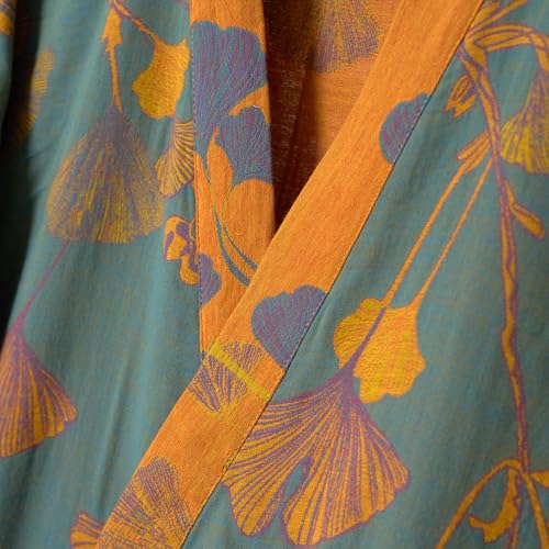 100% Cotton Gauze Ginkgo Leaf Kimono Robe, Long Knit Loose Bathrobe Nightgown Ladies Loungewear Sleepwear for Women4