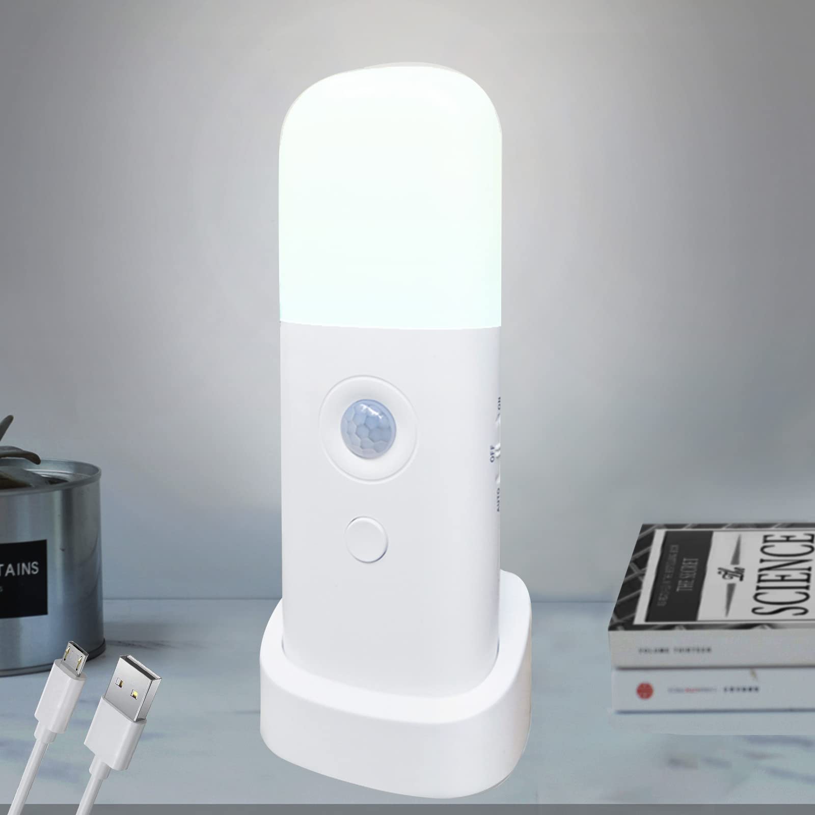 SUNNIOR Motion Sensor Light Indoor 5 Level Brightness Portable Dimmable Night Light for Kids Room 2000mAh Rechargeable Battery Operated Lights for Bedroom Bathroom Hallway Toilets White Light