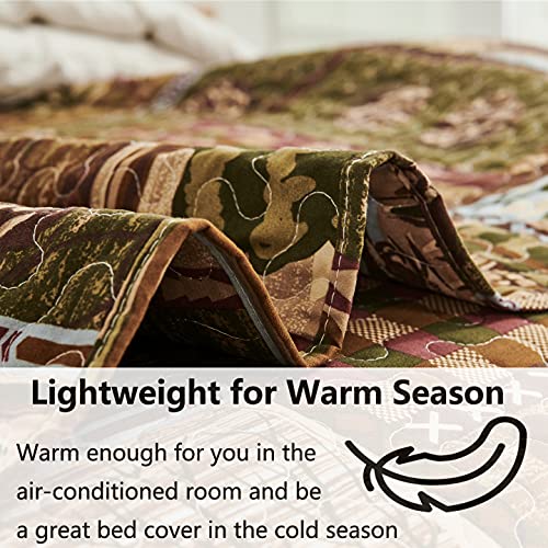 3 Piece Moose Bear Cabin Plaid Reversible Quilt Set King,Rustic Home Lodge Quilted Bedspread Coverlet Bedding Set with Wildlife Grizzly Bears Deer Buck Pine Tree Bear Paw for All Seasons(King,Brown) - Thumbnail 3