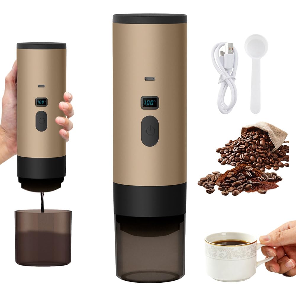 Cafetera de Café Portátil, Máquina de café con molinillo, Cafetera Portátil, Máquina de Espresso, Carga USB-C, Compatible con Café Molido y Cápsulas, Ideal para Camping, Viaje, Senderismo (Oro