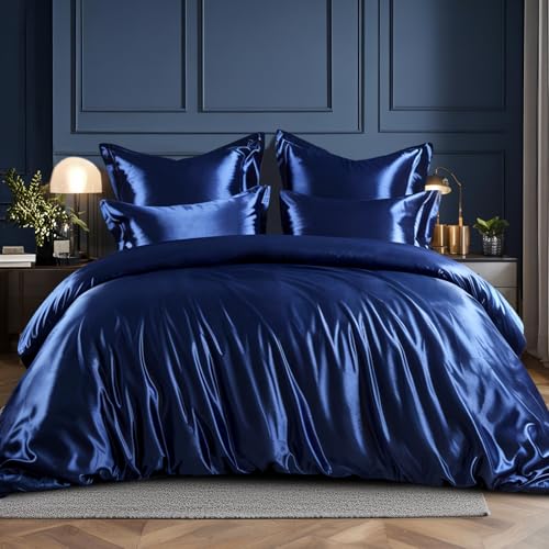 RUIKASI Ropa de cama de satén azul 220 x 240 - funda nórdica sedosa con brillo como el juego de cama de seda azul oscuro para el cabello y la piel, ropa de cama brillante de 220 x 240 cm con