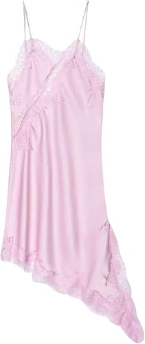 MakeMeChic Women's Lace Satin Asymmetrical Tops Spaghetti Strap Contrast Mini Dr