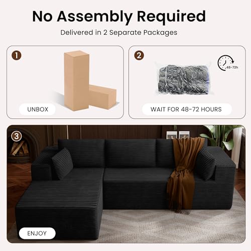 Image of 106 inch Cloud Sectional Boneless Couches for Living Room, Modular L Shaped Couch with Deep Seat Oversized Left Facing Chaise, Memory Foam Compressed Spineless 3 Seater Sofa for Bedroom Apartment, Black