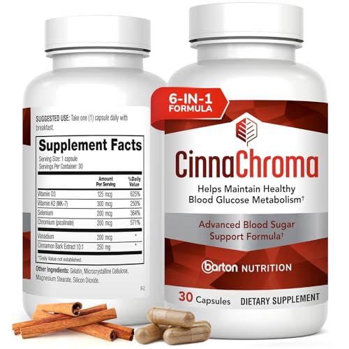 CinnaChroma Capsules - Cinnamon Supplements with 10:1 Extract Chromium Vanadium Selenium Vitamin D3 & K2 - Natural Sugar Blocker - 30 Capsules 1 Month Supply