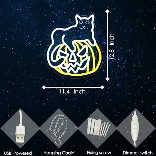 Image of Cat on Pumpkin Neon Sign for Halloween Party Decor, Dimmable LED Light for Playroom, Man Cave, Game Room, Bar - Halloween Gifts