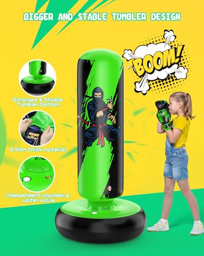 Image of QPAU Punching Bag for Kids, 66 Inch Stable Inflatable Boxing Bag with Boxing Gloves, Stand Kids Punching Bag Toy for Boys & Girls Age 6-12, Boxing Set for Practicing Karate, Taekwondo, MMA
