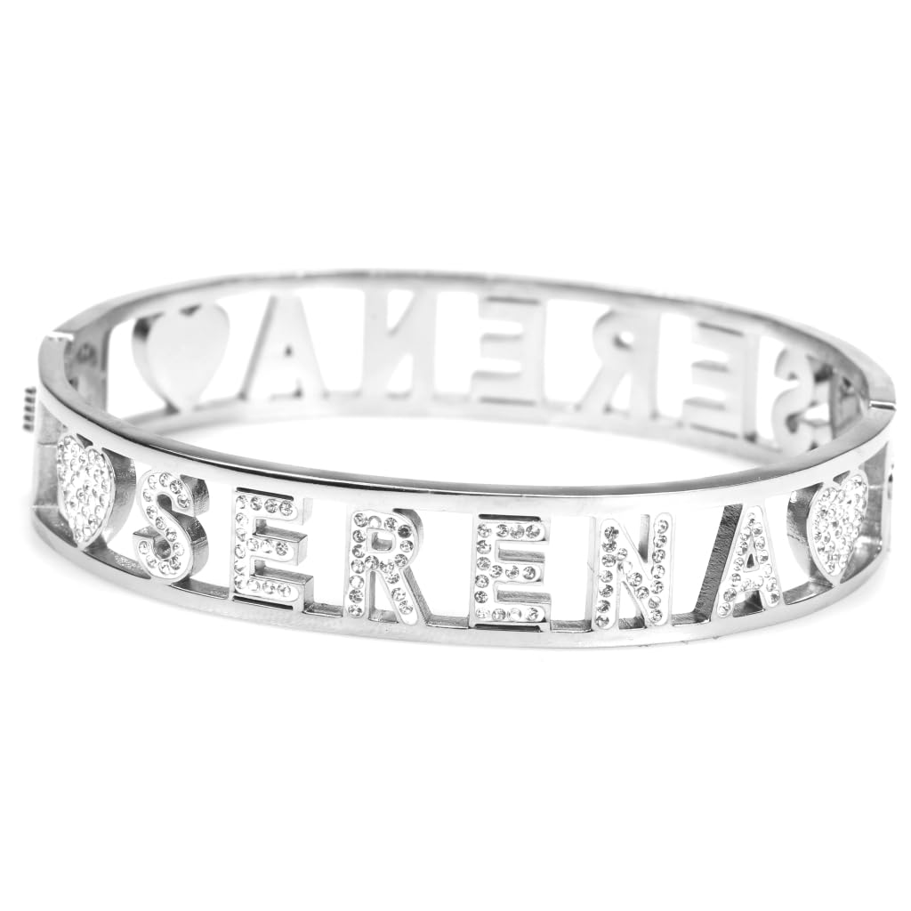 Flowers Bracciale Rigido Acciaio con Nome Vari e Zirconcini Sacchettino in tessuto Scritta nome ricoperta di strass Brillantissimi Bracciale a Manetta Donna Chiusura a molla Idea Regalo