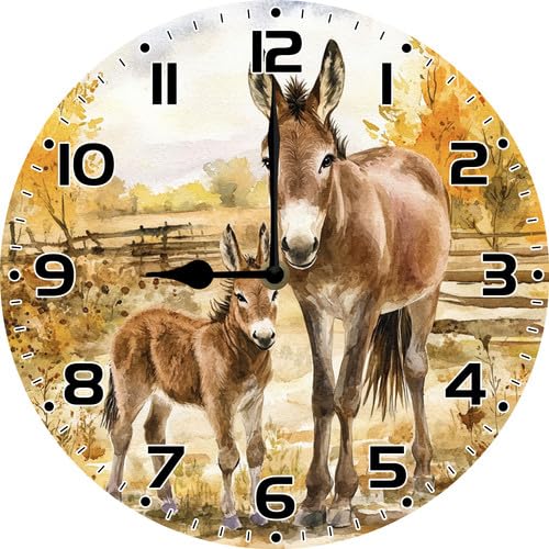 Geroclonup Donkey Wall Clock with Black Hour Hand Cute Animal Sign 25cm Round Wooden Silent Non Ticking Battery Operated Clocks Vintage Clocks for Living Room Bedroom
