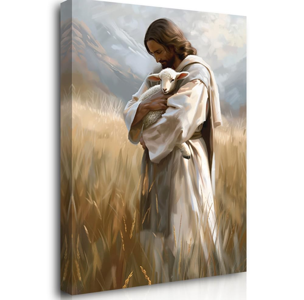 Reateforin Christian Wall Decor Jesus Holding Missing Lamb Oil Painting Religious Art Print for Home Decor Christian Wall Art Bible Verse Posters Jesus Pictures for Bedroom Living Room Church 20"X28" โ image 1