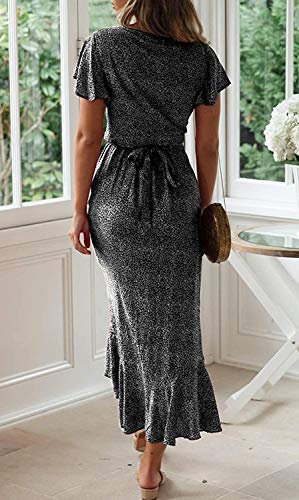 Image of ZESICA Women's 2025 Bohemian Floral Printed Wrap V Neck Short Sleeve Split Beach Party Maxi Dress,Charcoal BlackFloral,XX-Large