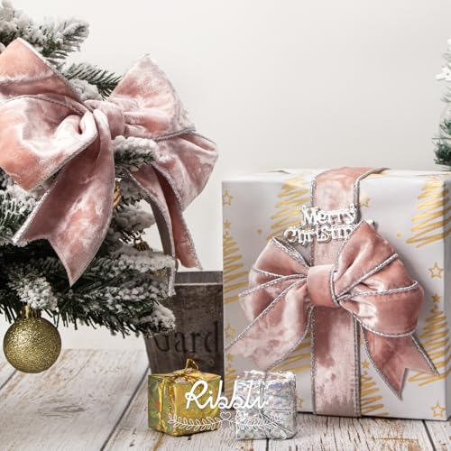 Image of Ribbli Light Pink Velvet Wired Ribbon 1.5 Inch Metallic Light Dusty Pink Crushed Velvet Christmas Ribbon for Gift Wrapping Christmas Tree Decoration Crafts Wreaths Supplies-Continuous 10 Yards