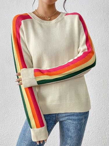 Women Pullover Rib-Knit Sweater Striped Casual Crewneck Sweaters Long-Sleeve Tops Fall and Winter4