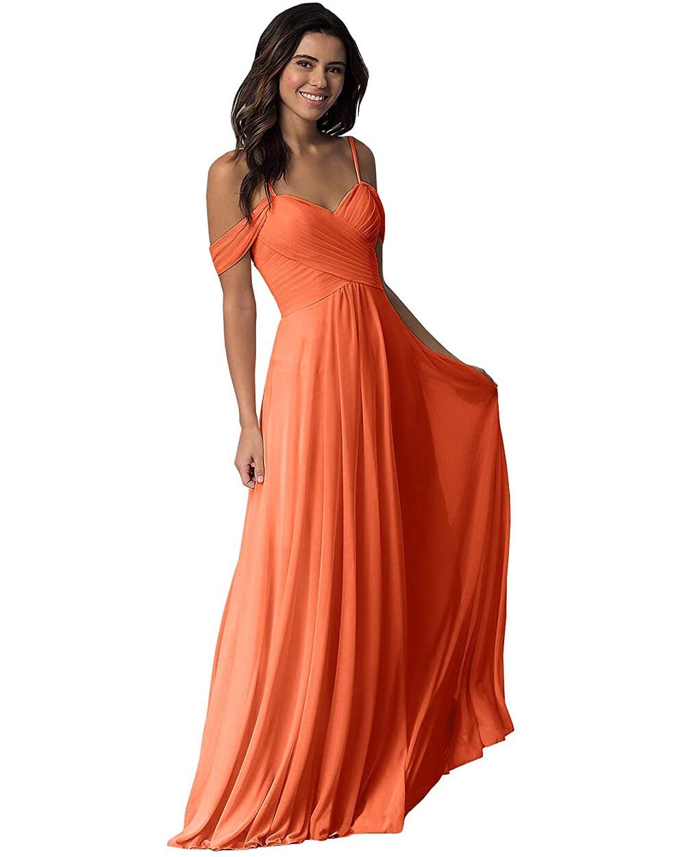 Las mujeres una línea fuera del hombro gasa hasta el suelo con volantes vestido de novia de dama de honor