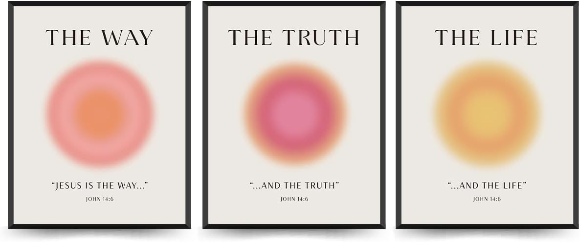 PLKMN Christian Wall Art, Jesus Art Wall Decor Prints Set of 3, Pink Room Decor Aesthetic, Jesus Is The Way and The Truth and The Life Bible Verse Wall Art, Pink Aura Prints Decor for Bedroom, 8×10 Unframed