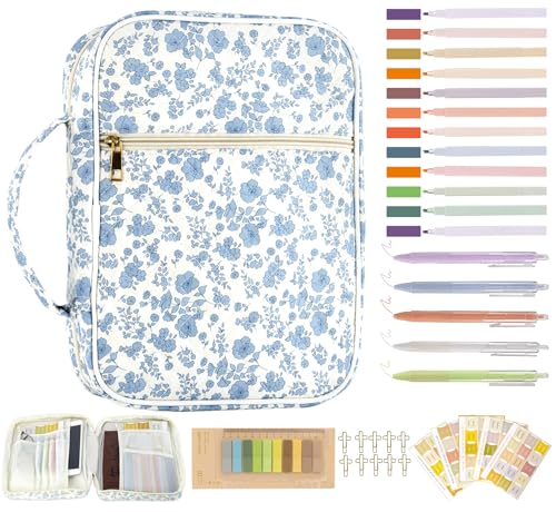 Bible Cover Case for Women Large Bible Bag with Bible Study Supplies Accessories Christian Gifts for Women Portable with Sturdy Handle and Highlighters Blue Flower