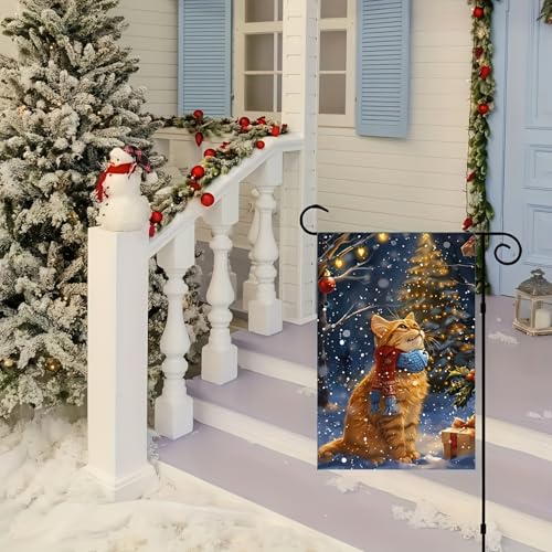 Image of BlissYard Christmas Cat Garden Flag 12x18 Double Sided Vertical Flag Christmas Outdoor Decorative Flags Orange Cat House Flags for Outside Winter Christmass Yard Garden Lawn Banner