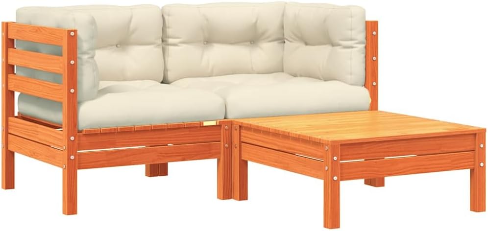 2-Seater Outdoor Sectional Couch Rustic Solid Pine Garden Loveseat with Cream Cushions for Patio Balcony Porch and Indoor Use 9.8x19.5x9.7 in