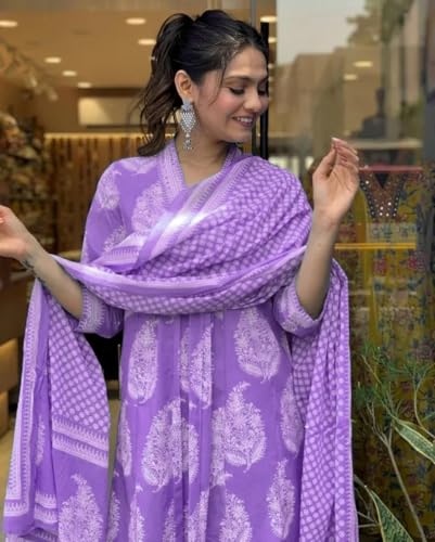 Image of PARTHVI Women's Rayon Blend Anarkali Printed Kurta with Pant & Dupatta & Dupatta