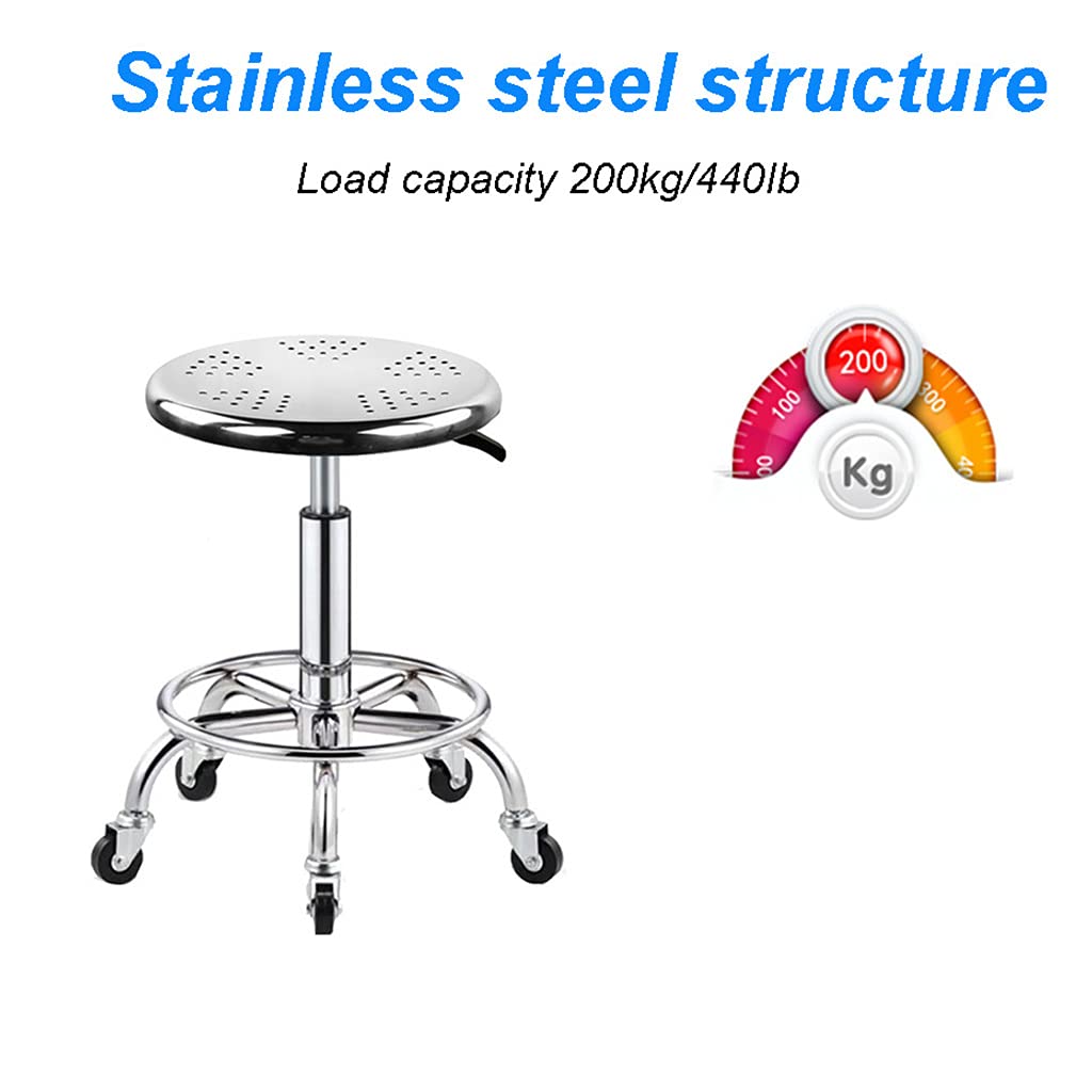 ZHOUXIAO Taburete De Trabajo Pesado Rolling Altura Giratoria Ajustable con Ruedas, Carga De Carga 440 IBS, Taburía De Trabajo De Acero Inoxidable Taburete para Laboratorio, C Silver