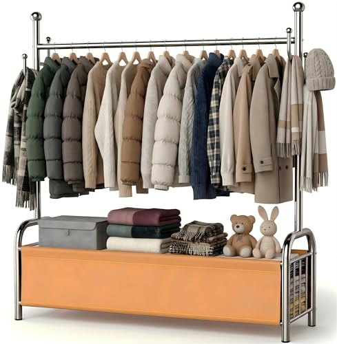 HOMICKER Burro Ropa Resistente de Acero Inoxidable con Cesta de Almacenaje, Perchero Burro Estable, Perchero de Pie, Barra para Ropa Robusta, 3 en 1 Tendedero y Organizador