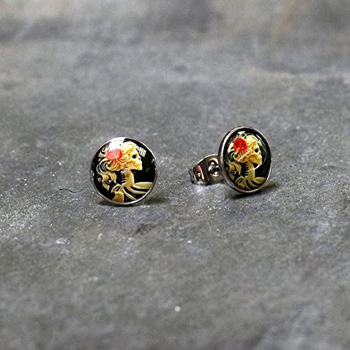 Body Candy Red Rose Skull Skeleton Stud Earrings - Stainless Steel Earrings for Halloween, Day of the Dead2