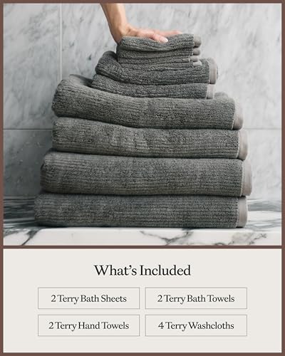 Cozy Earth Complete Ribbed Terry Bath Bundle - 60% Cotton 40% Viscose from Bamboo - Soft & Absorbent Cotton Bath Towel Set - 4 Washcloths, 2 Hand Towels, 2 Bath Towels, 2 Bath Sheets - Charcoal - Image 4