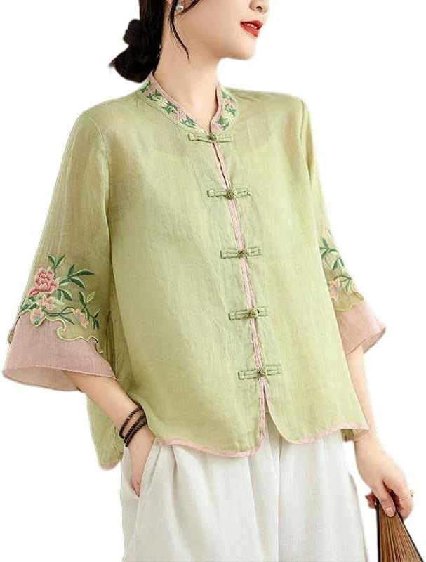 Women's Summer 3/4 Sleeve Heavy Embroidered Frog Button Literary Tea Outfit Blouse Top