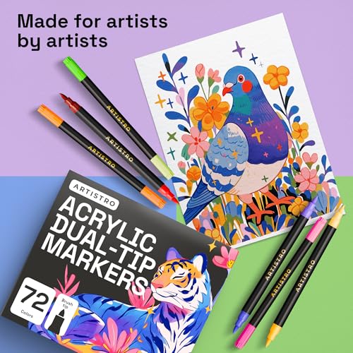 Image of ARTISTRO Paint Markers 72 Colors - Acrylic Pens for Rock, Glass, Fabric, DIY - Art Supplies - 36 Dual Brush Tip Markers